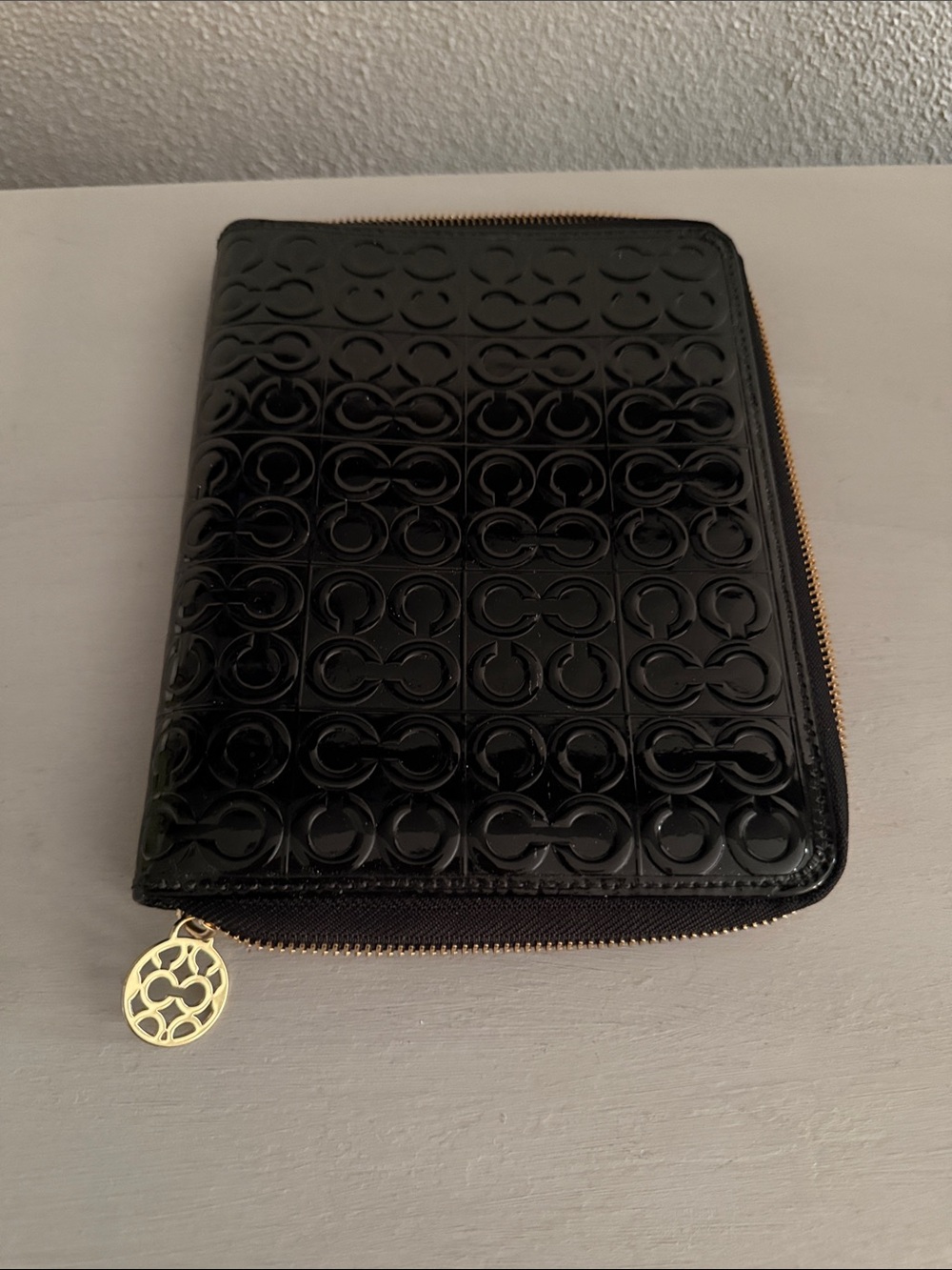 Coach Black Patent Leather Embossed Zip-Round Folio